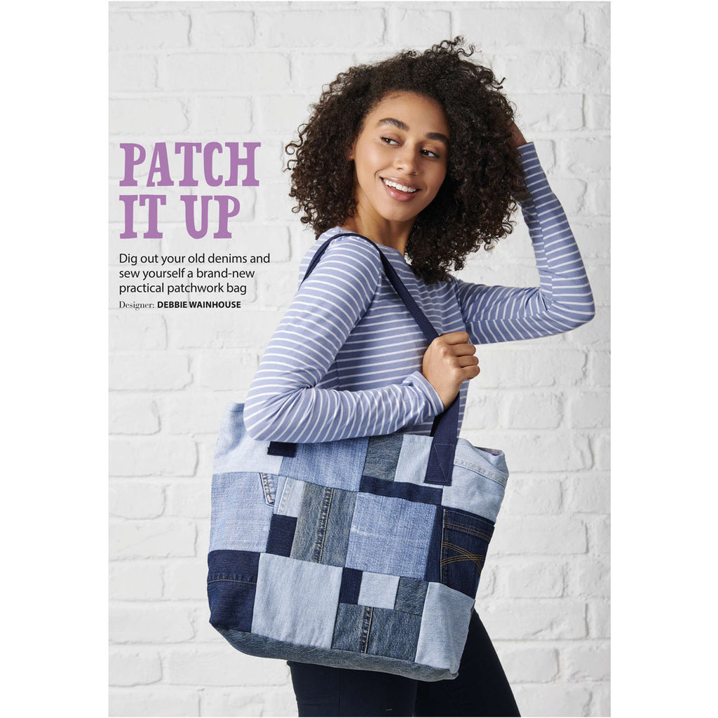 Young woman in a striped shirt holds a denim patchwork bag over her shoulder, smiling against a white brick wall. Text reads “Patch It Up.”