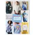 A collage of various upcycling clothing projects including embroidered garments, a refashioned dress, and screen printed t-shirt, promoting a sustainable fashion lifestyle.