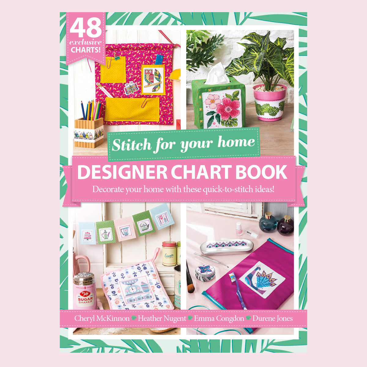 Designer Chart Book cover with images of home decor projects and text on a pink background