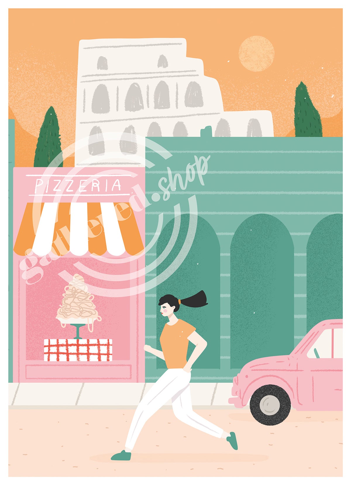 'Jogging Past the Pizzeria' Digital Art Print PDF by Charly Clements