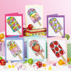 Cross-stitch pattern cards with colorful ice cream designs on a pink background