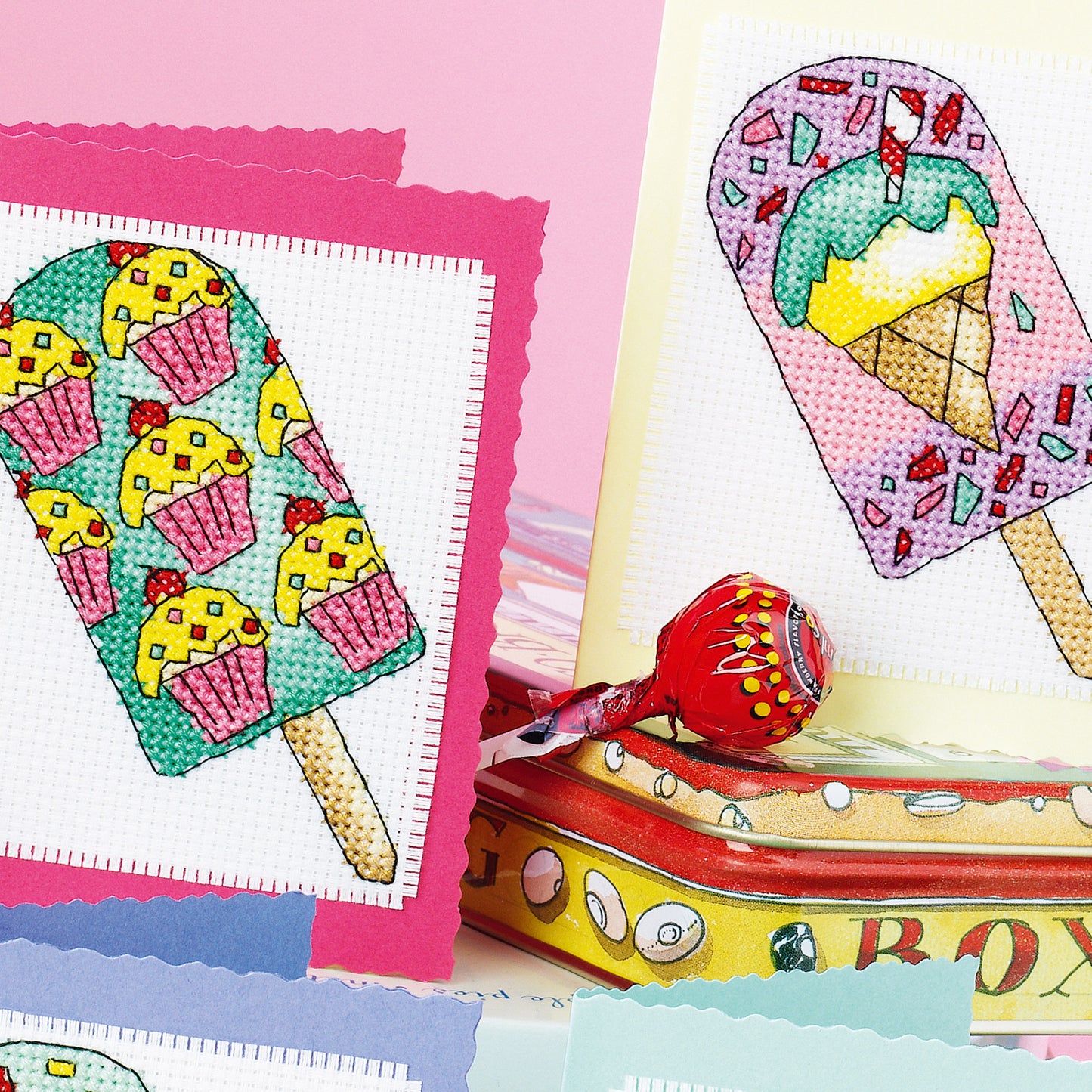 Colorful ice cream-themed cards with lollipop and hot dog illustration on a pink background