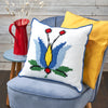 Decorative pillow with a floral pattern on a blue chair
