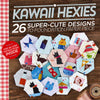 A collection of colorful hexagon-shaped quilting patches with various cute designs, titled 'KAWAII HEXIES 26 SUPER-CUTE DESIGNS TO FOUNDATION PAPER PIECE' with text indicating step-by-step instructions inside.