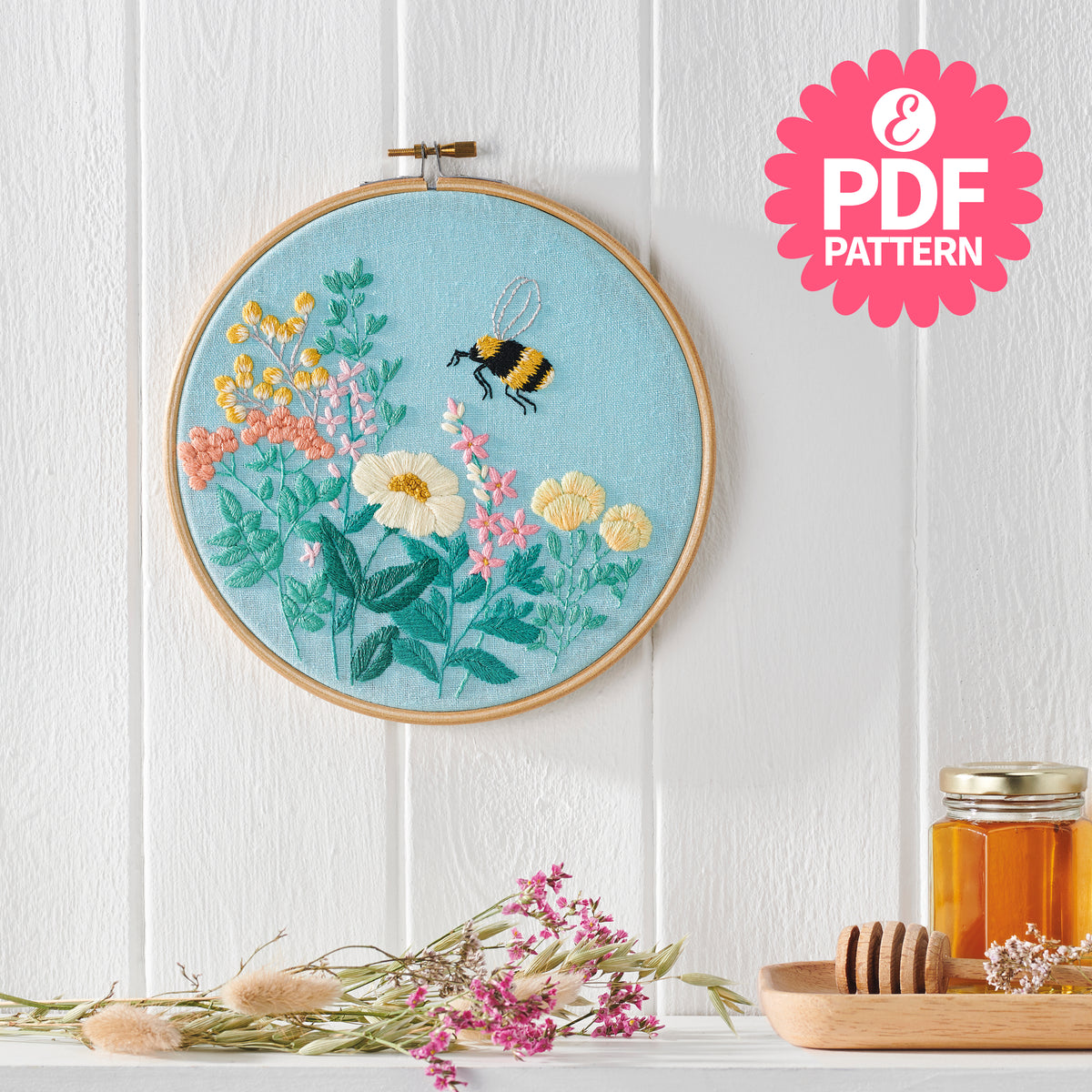 Buzzing Meadow Bumblebee Hoop Embroidery Pattern PDF