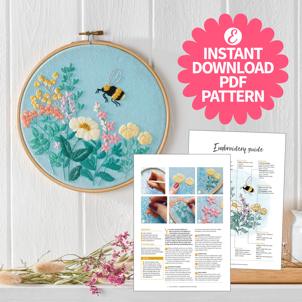 Buzzing Meadow Bumblebee Hoop Embroidery Pattern PDF