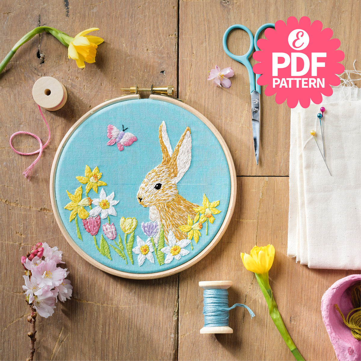 Spring Bunny Hoop Embroidery Pattern PDF
