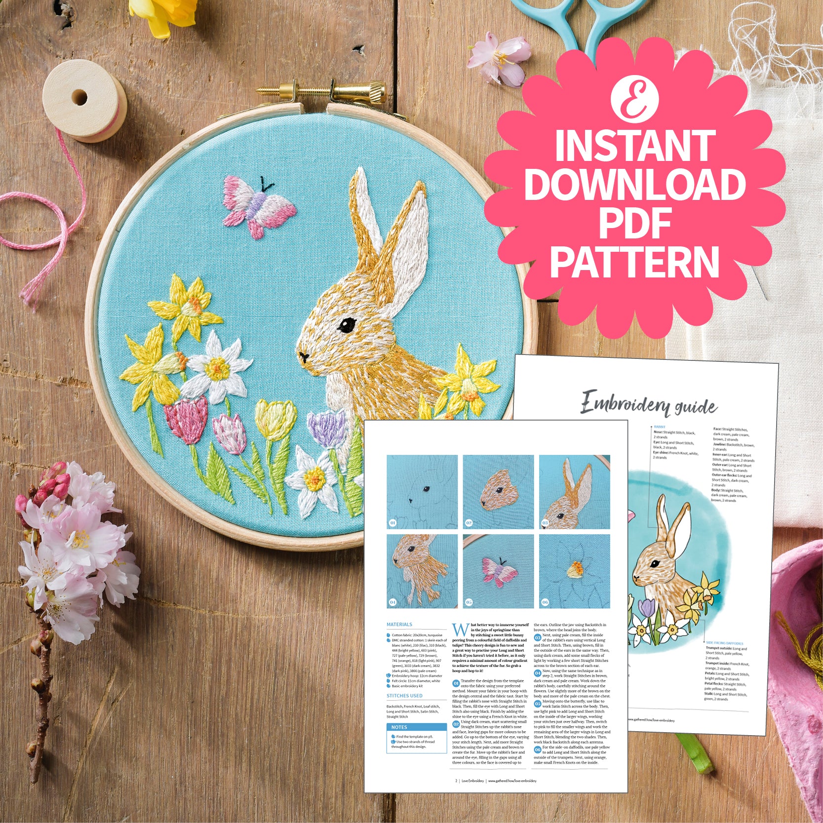 Spring Bunny Hoop Embroidery Pattern PDF
