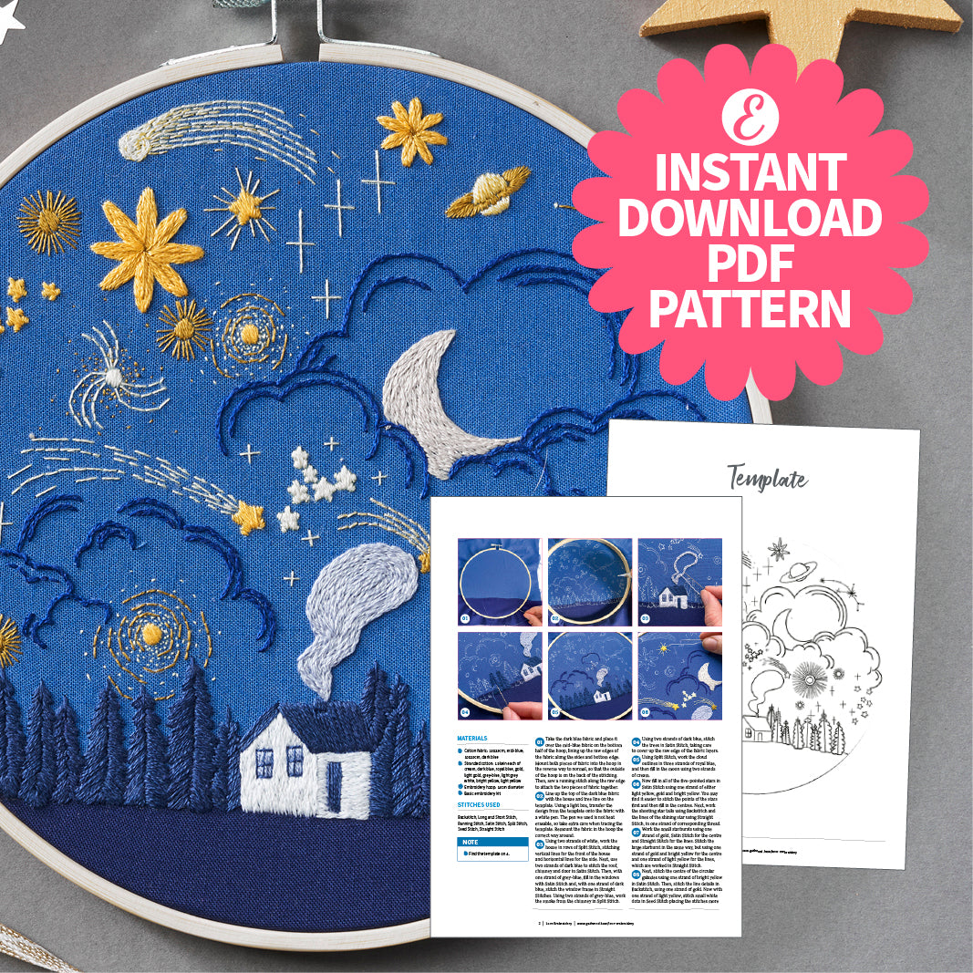 Embroidery hoop with celestial design and an instant download PDF pattern on a gray background
