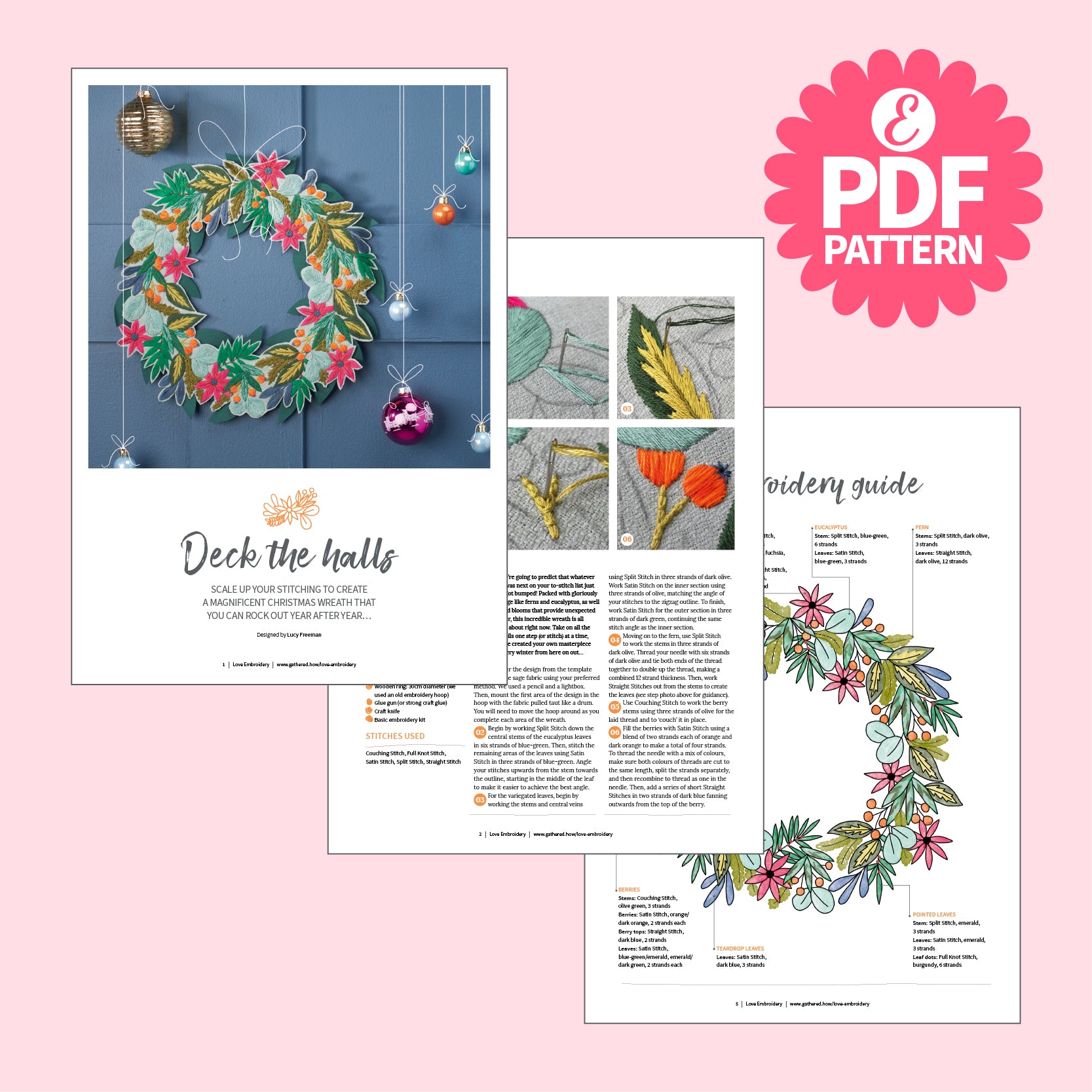 Deck the Halls Christmas Wreath Embroidery Pattern PDF