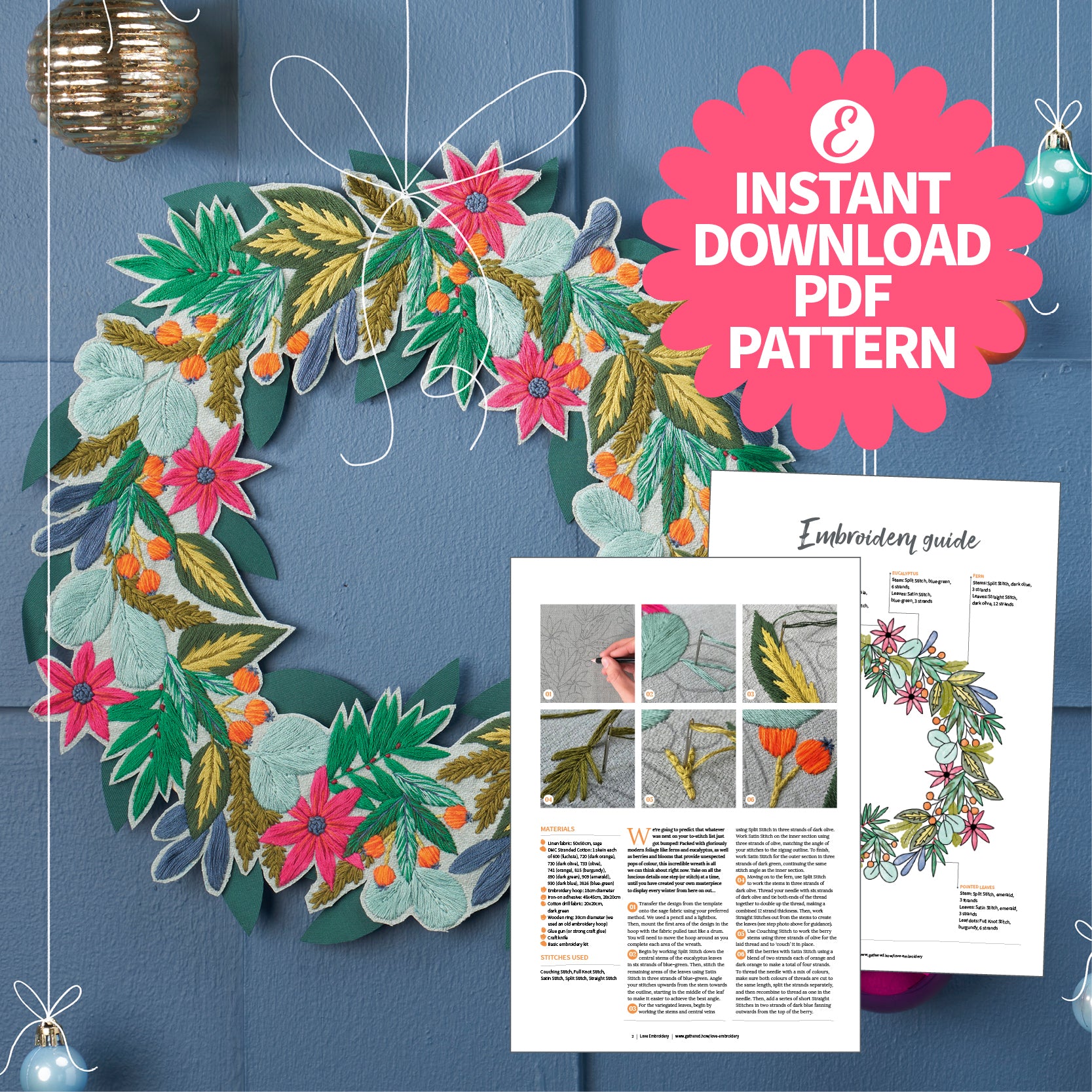 Deck the Halls Christmas Wreath Embroidery Pattern PDF