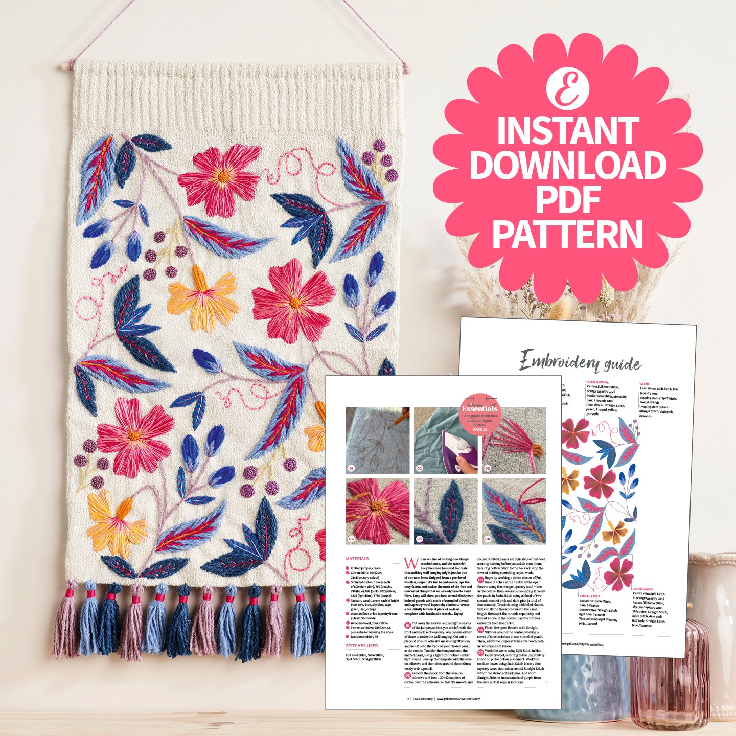 Floral Winter Wall Hanging Embroidery Pattern PDF
