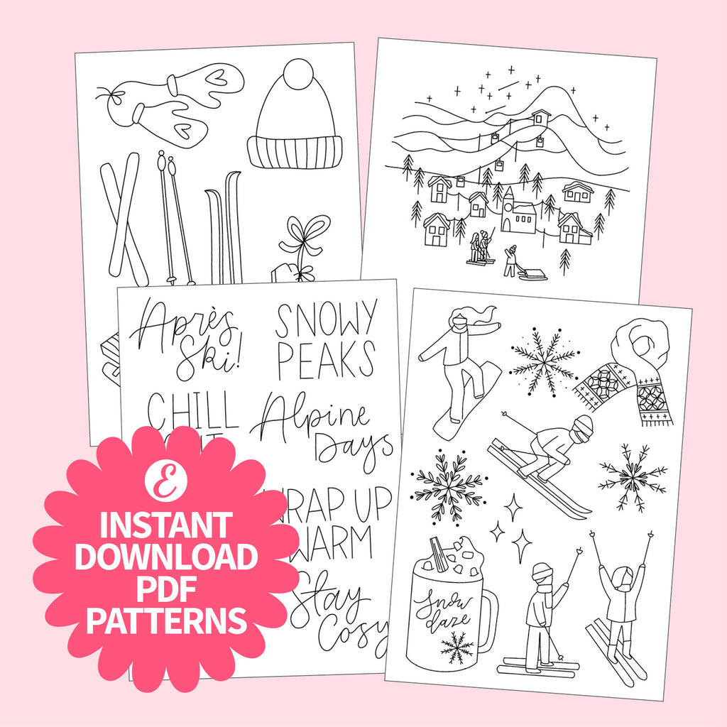 Set of black and white winter-themed coloring pages on a pink background with 'Instant Download PDF Patterns' text.