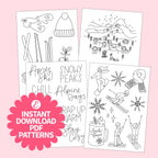 Set of black and white winter-themed coloring pages on a pink background with 'Instant Download PDF Patterns' text.