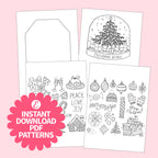 Set of Christmas-themed coloring pages on a pink background with 'Instant Download PDF Patterns' text.