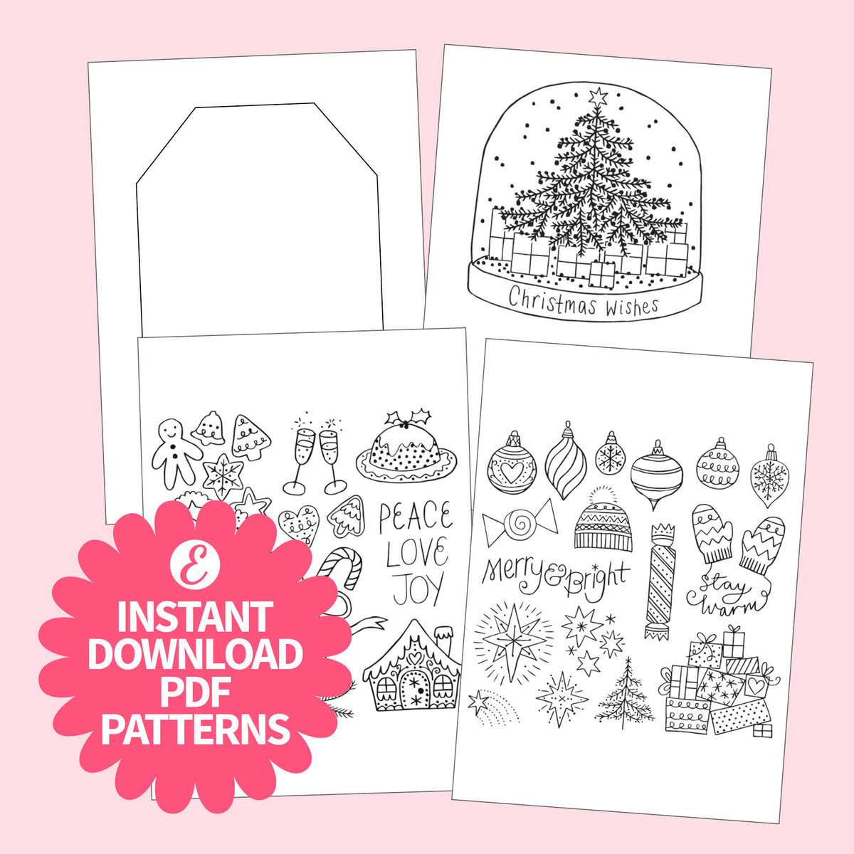 Set of Christmas-themed coloring pages on a pink background with 'Instant Download PDF Patterns' text.