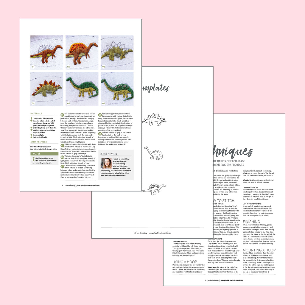 Pages from a pattern book with dinosaur illustrations on a pink background