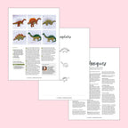 Pages from a pattern book with dinosaur illustrations on a pink background