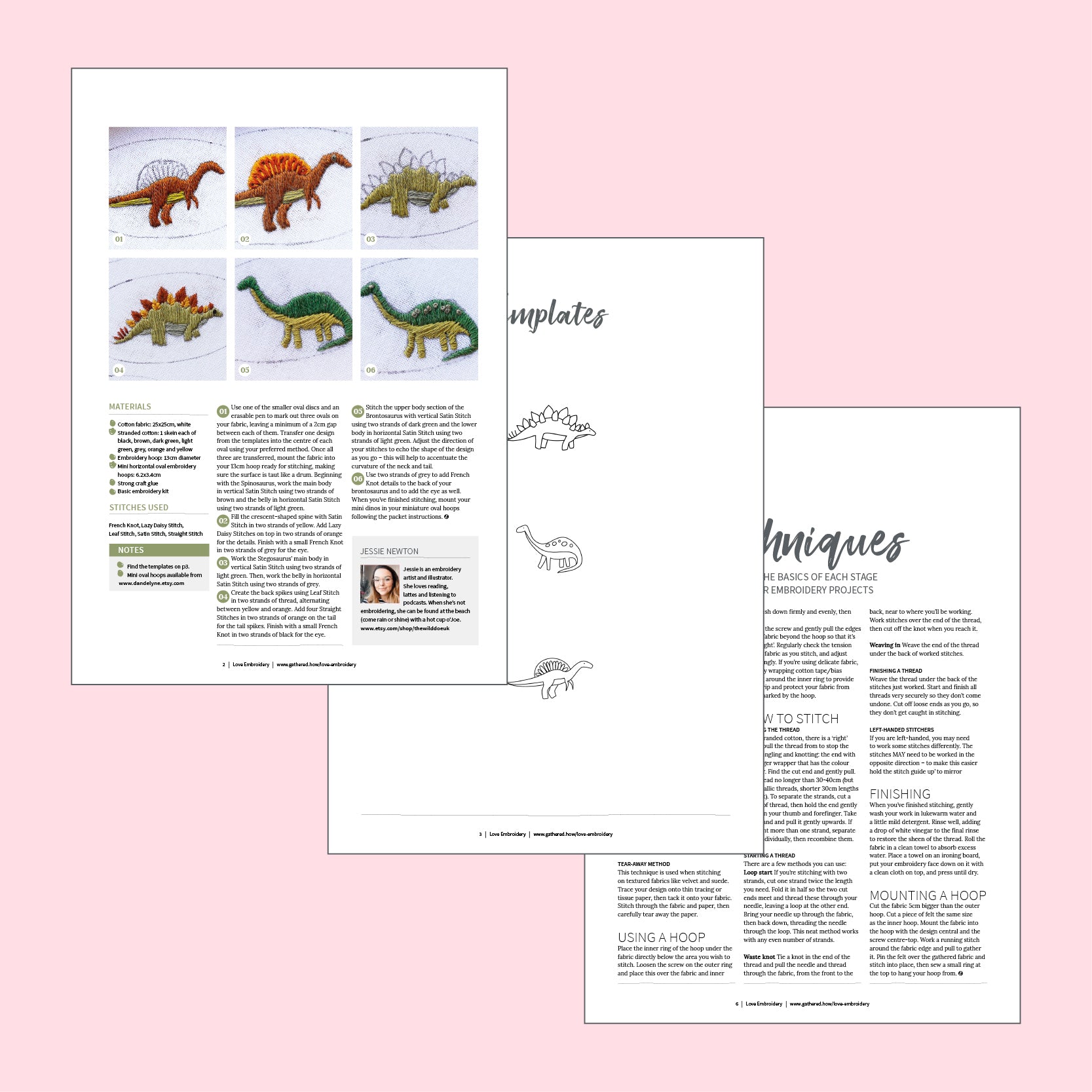 Pages from a pattern book with dinosaur illustrations on a pink background