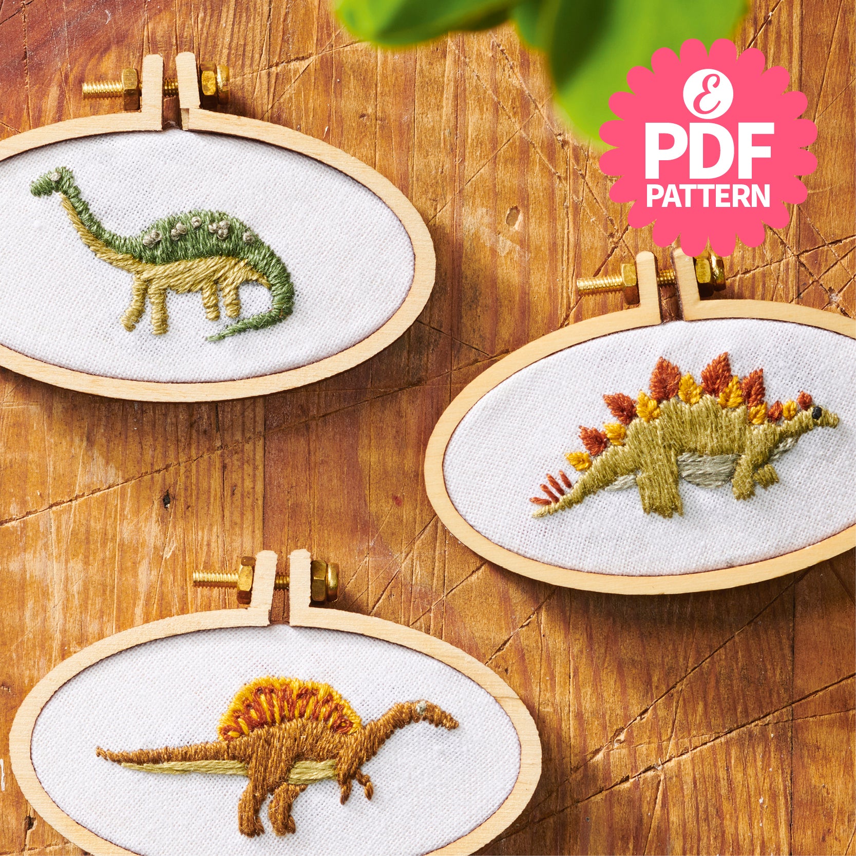 Embroidered dinosaur designs on wooden hoops with a PDF pattern label.