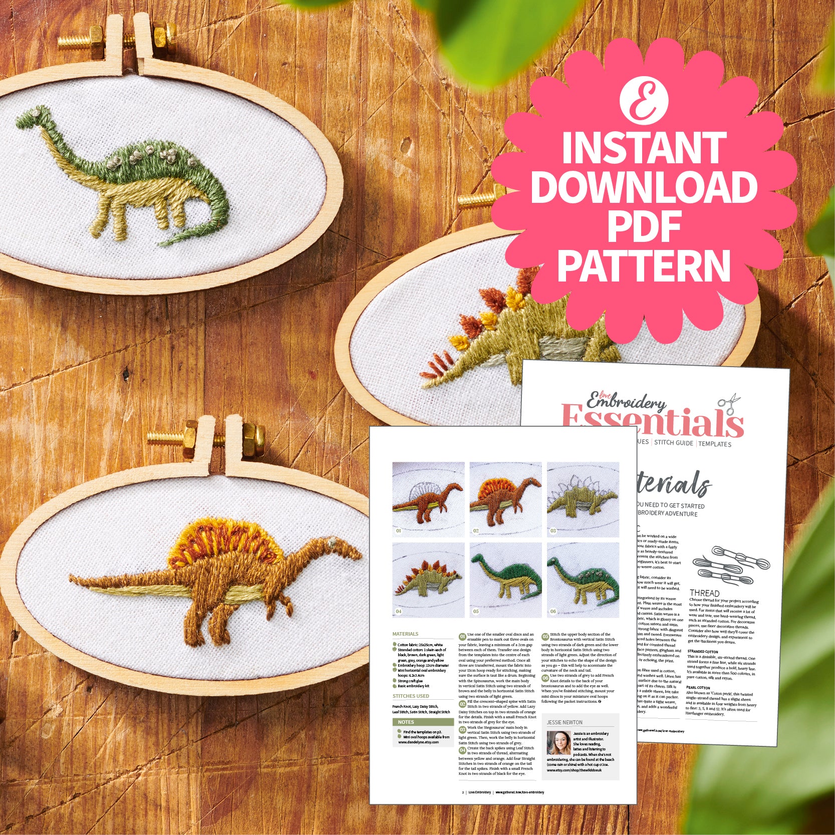 Embroidery hoops with dinosaur designs on a wooden surface, accompanied by an embroidery pattern sheet.