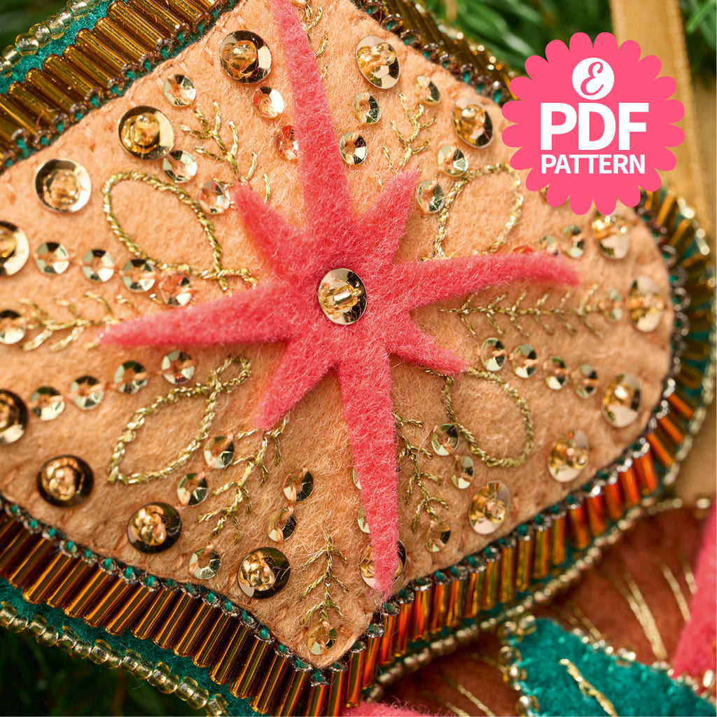 Decorative star with pink center and gold embellishments on a textured surface, with 'PDF Pattern' text overlay.