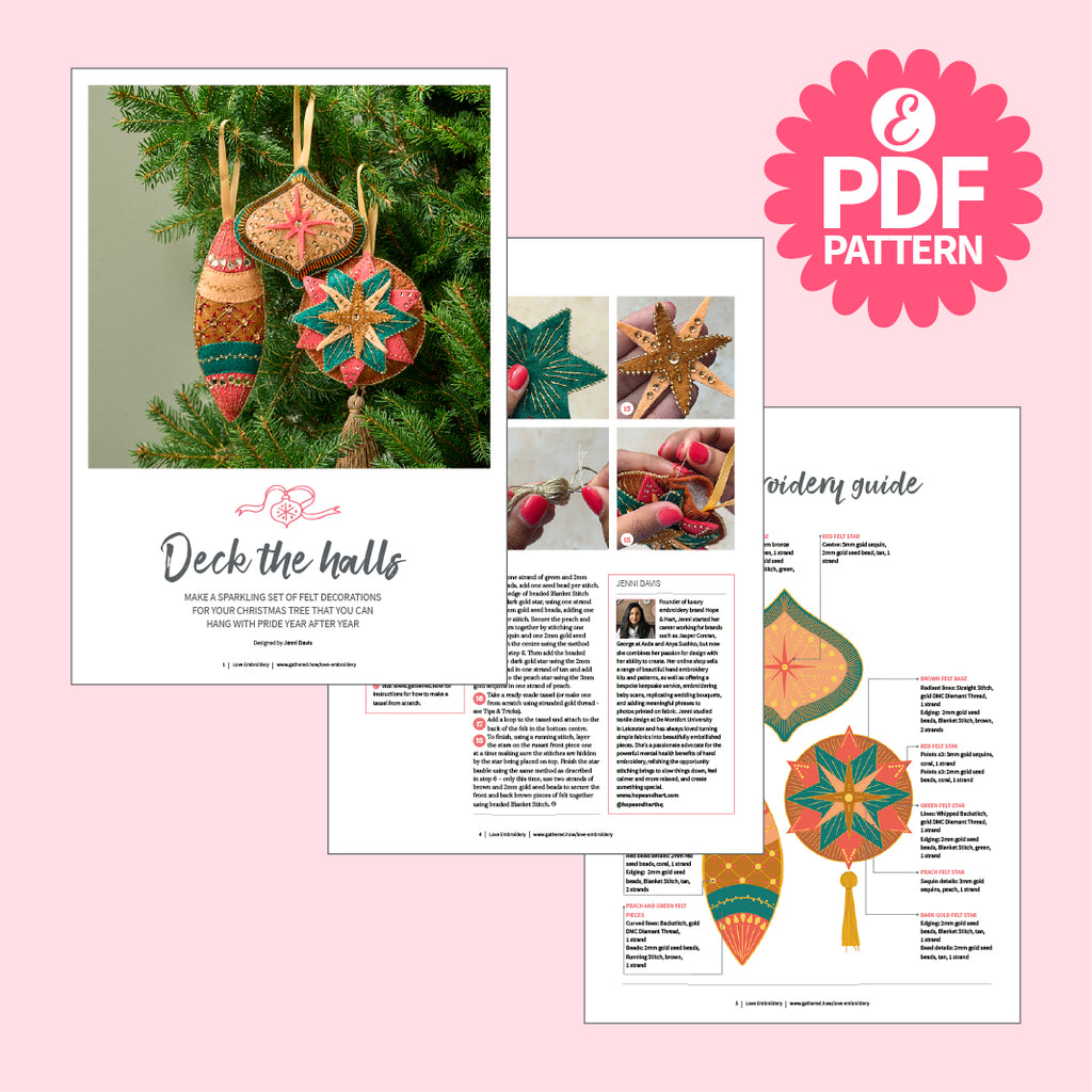 Christmas ornament PDF pattern with images and text on a pink background
