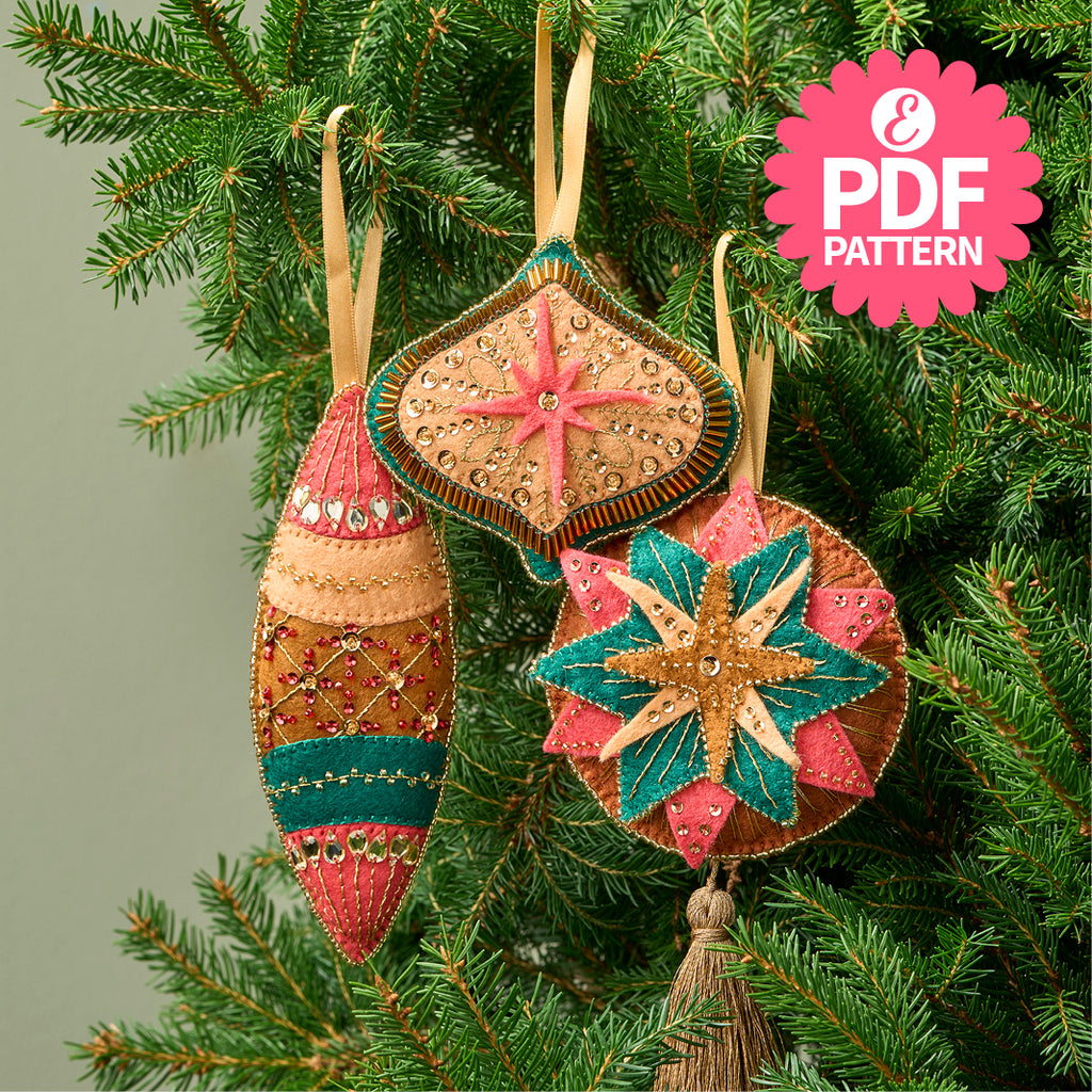 Decorative Christmas ornaments on a tree with a PDF pattern label.