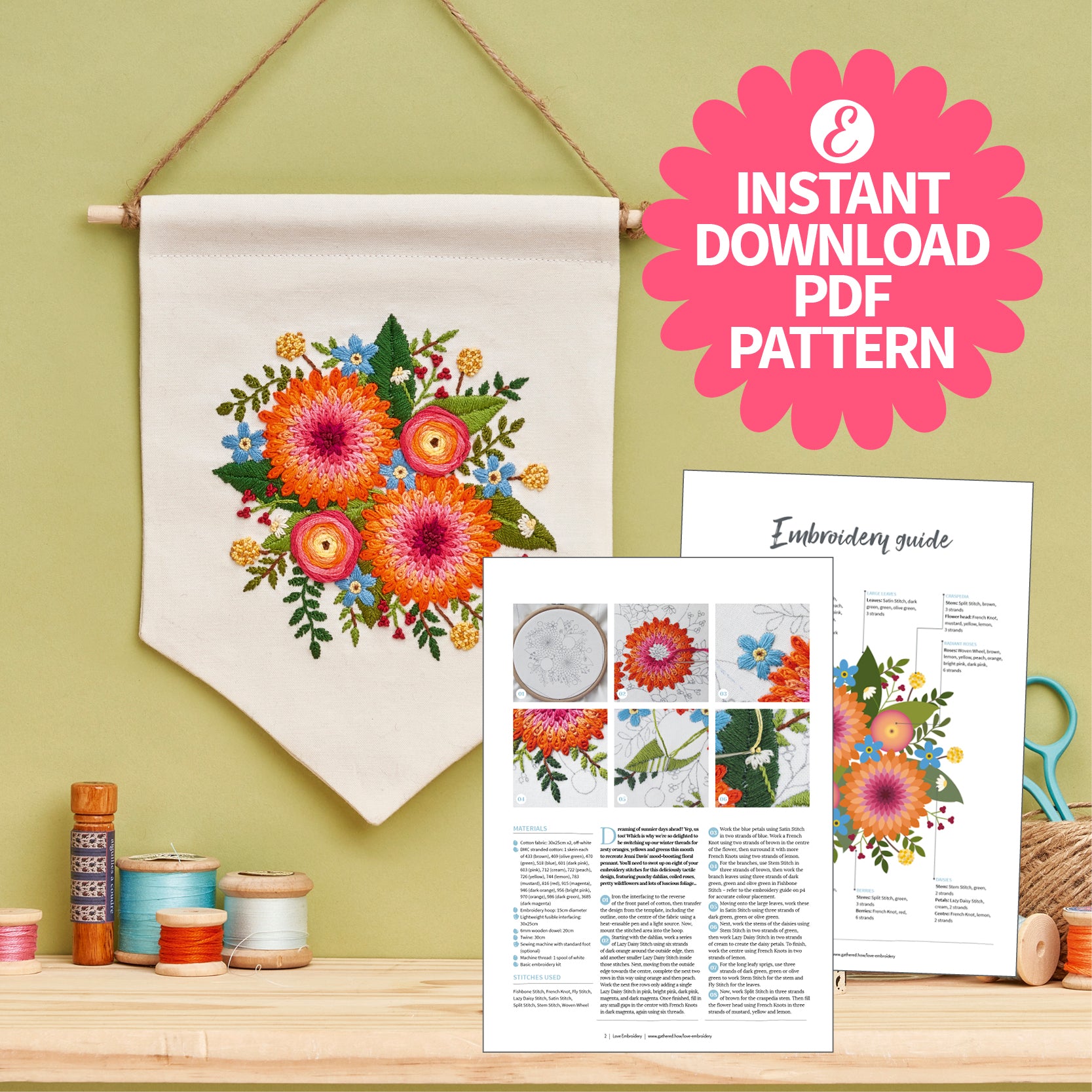 Floral Pennant Embroidery Pattern PDF