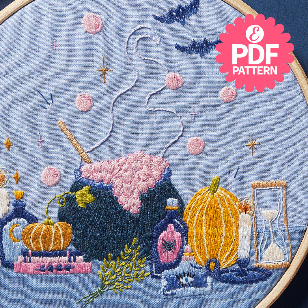 Witches' Brew Halloween Cauldron Embroidery Hoop Pattern PDF