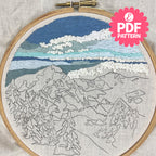 Embroidery hoop with mountain landscape design and PDF pattern label.