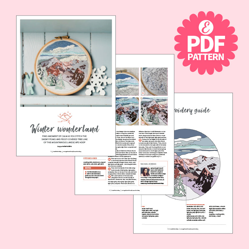 Embroidery kit with pattern guide on a pink background