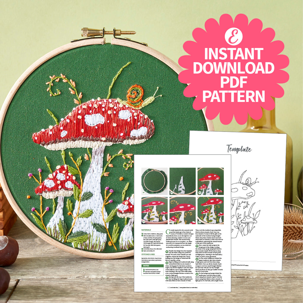 Toadstool with Little Snail Embroidery Hoop Pattern PDF