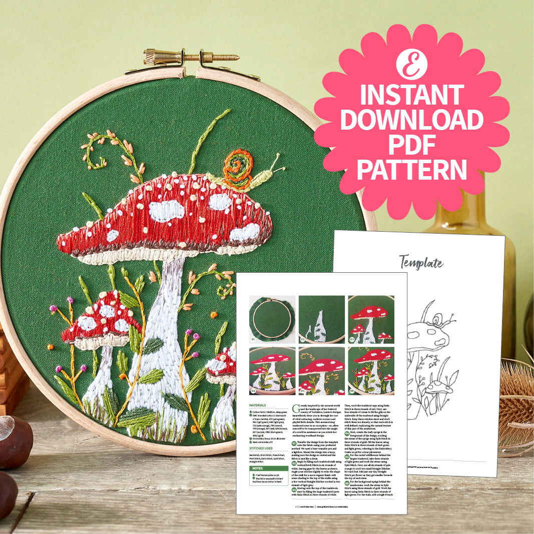Toadstool with Little Snail Embroidery Hoop Pattern PDF