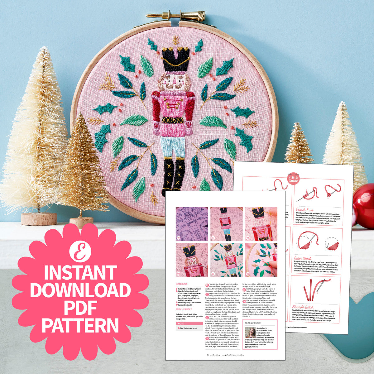 Embroidery hoop with nutcracker design and PDF pattern on a light blue background