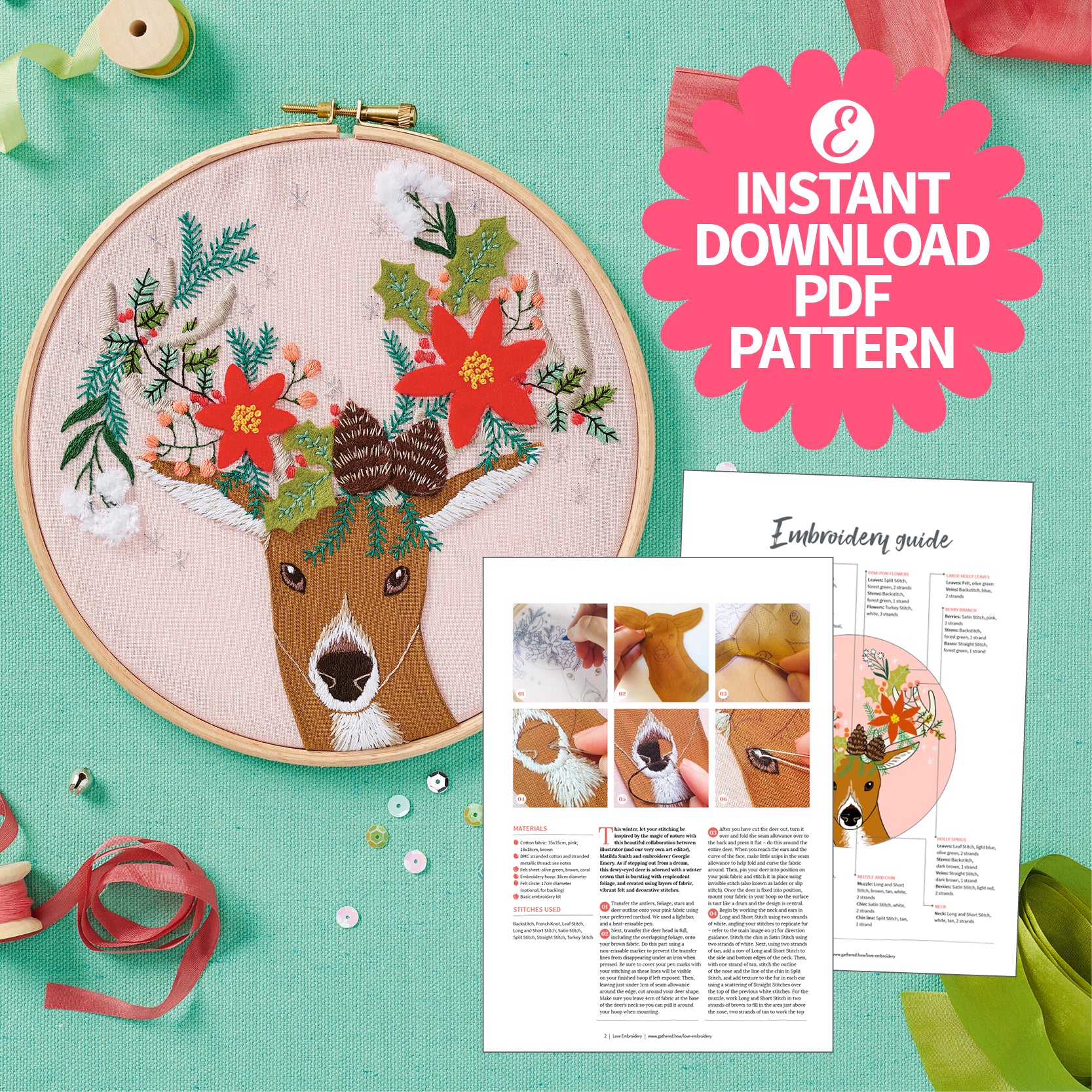 Reindeer Hoop Embroidery Pattern PDF