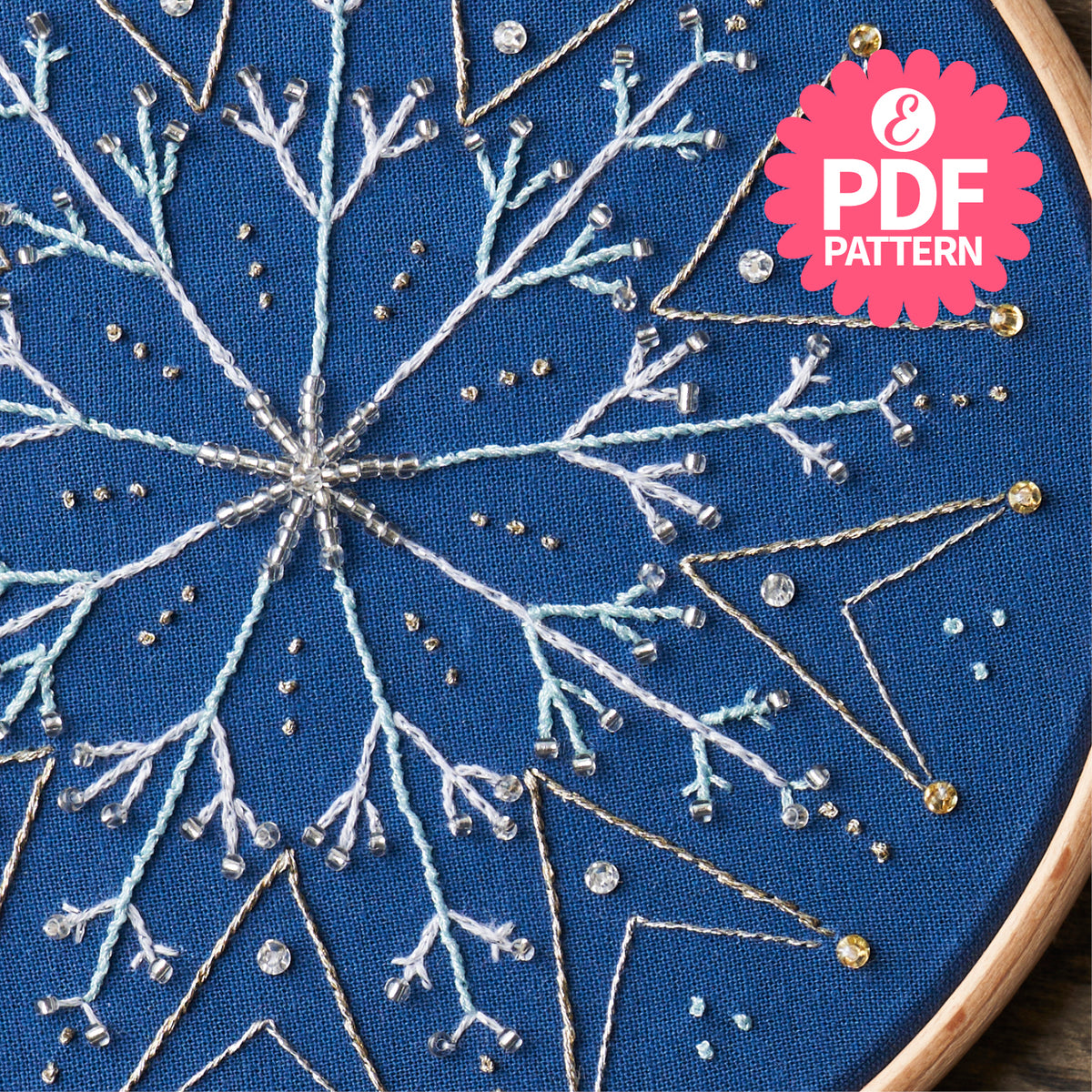 Embroidery hoop with blue fabric featuring white embroidered design and 'PDF Pattern' badge.
