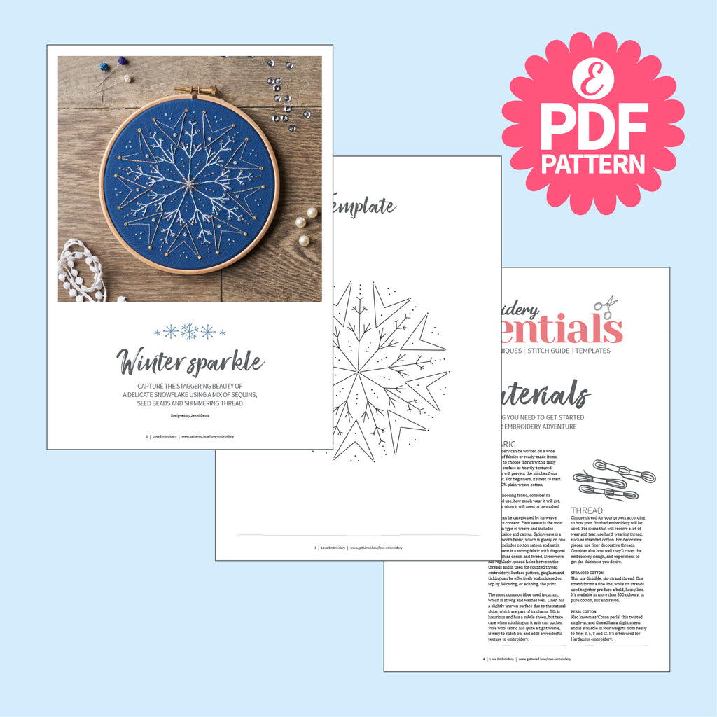Embroidery hoop with blue design and related materials on a light blue background