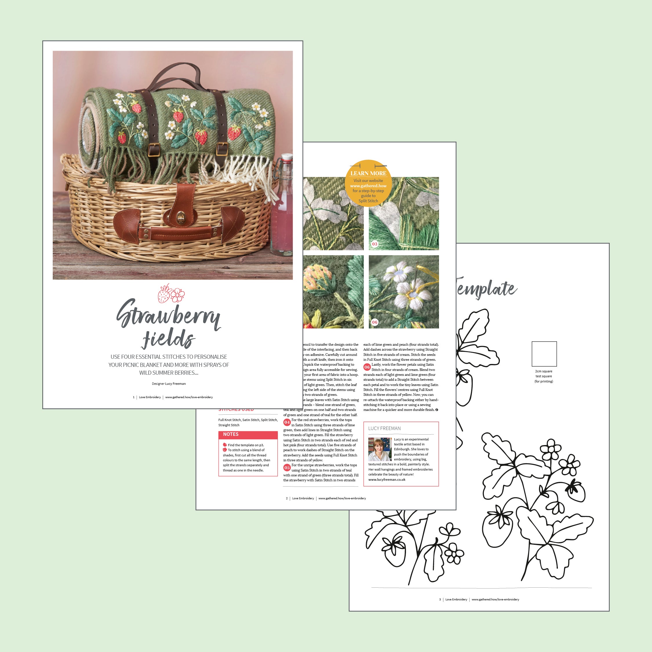 Collection of items including a picnic basket, strawberry-themed packaging, and design templates on a light green background.
