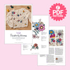 PDF pattern for a crocheted garment with floral designs on a pink background
