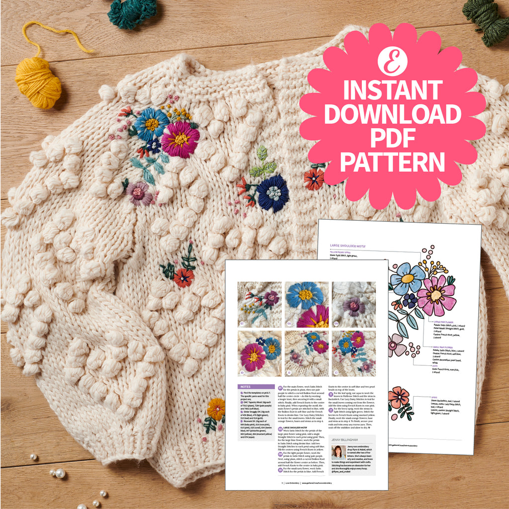 Knitted sweater with floral patterns and an instant download PDF pattern on a wooden surface