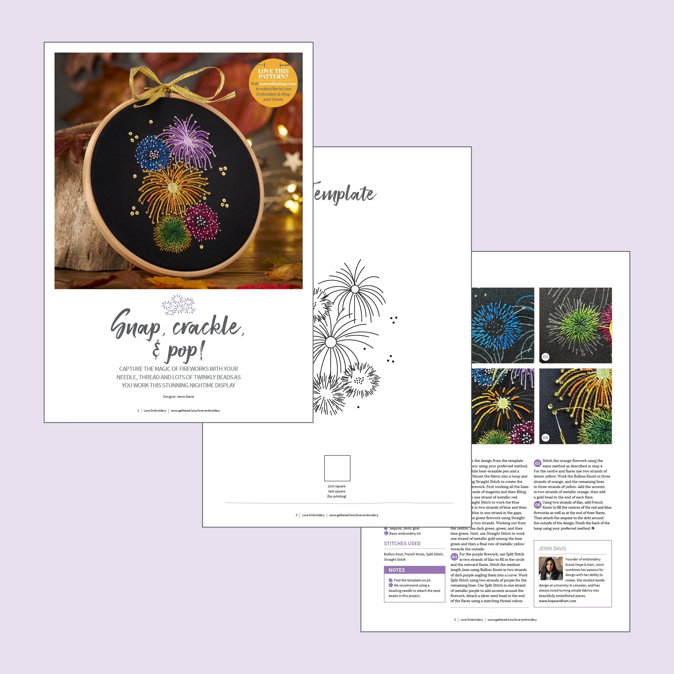 Embroidery kit with hoop, thread, and templates on a light purple background