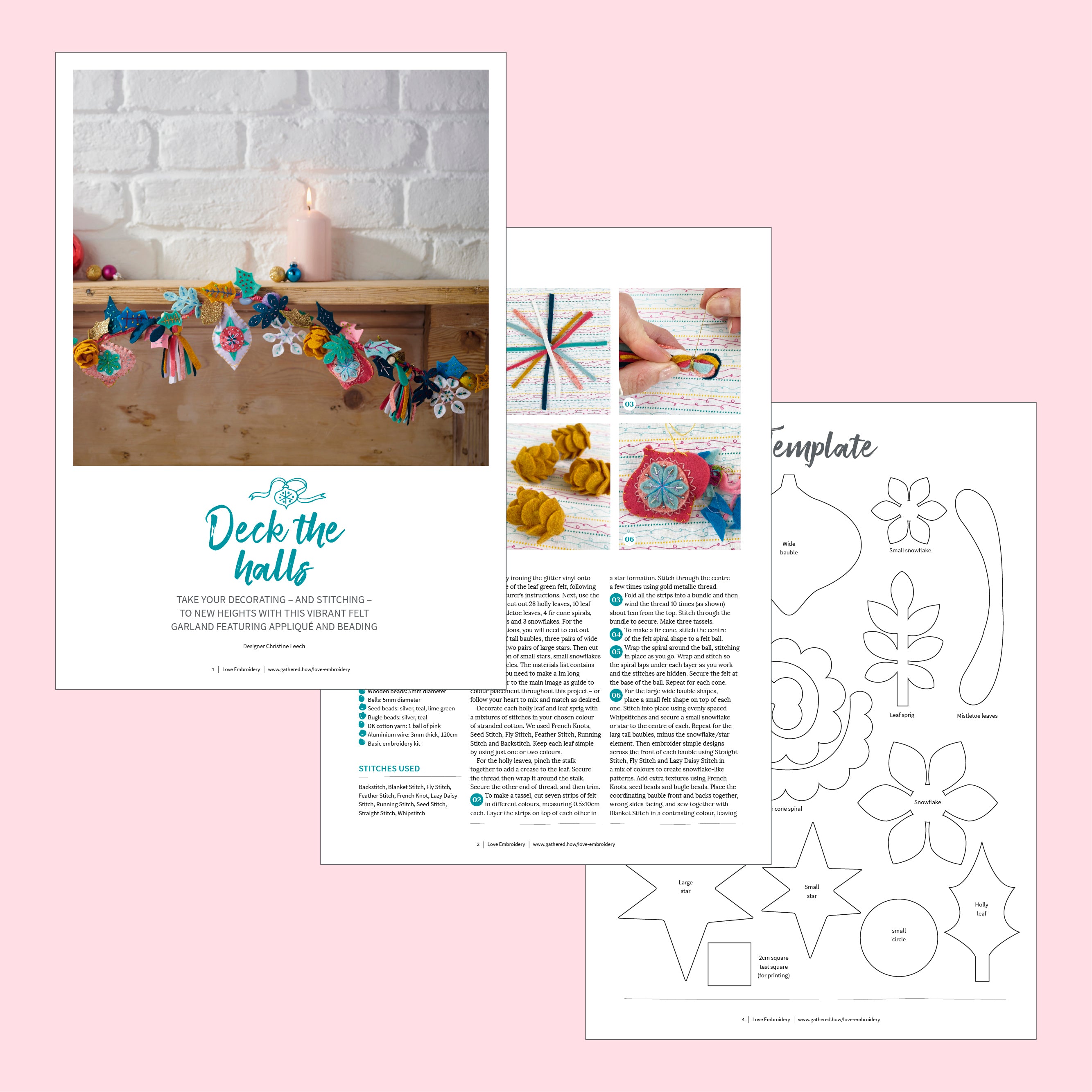 Crafting magazine layout with decorative garland, instructions, and templates on a pink background
