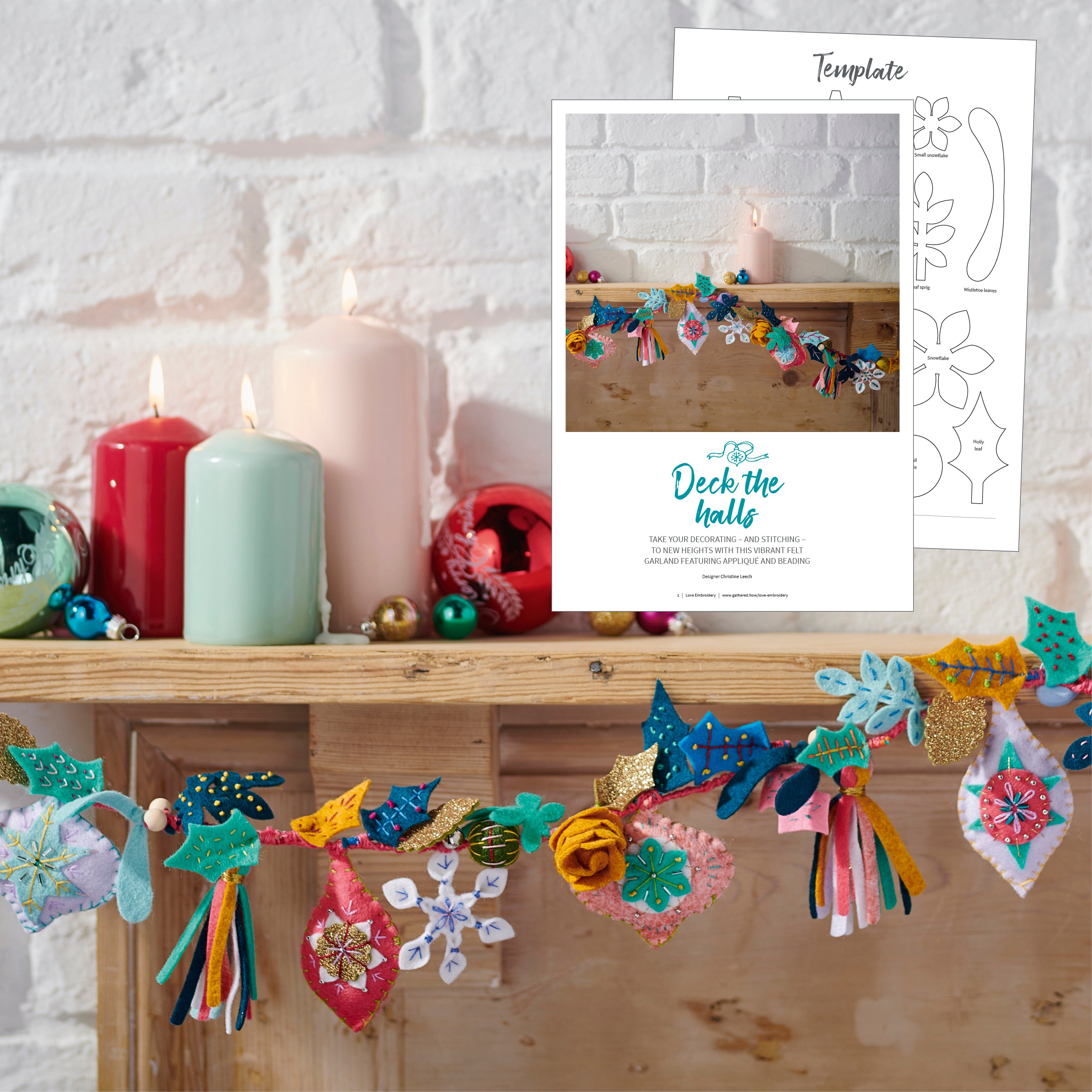Decorative garland with colorful tassels on a wooden shelf with candles, and a template for the garland.