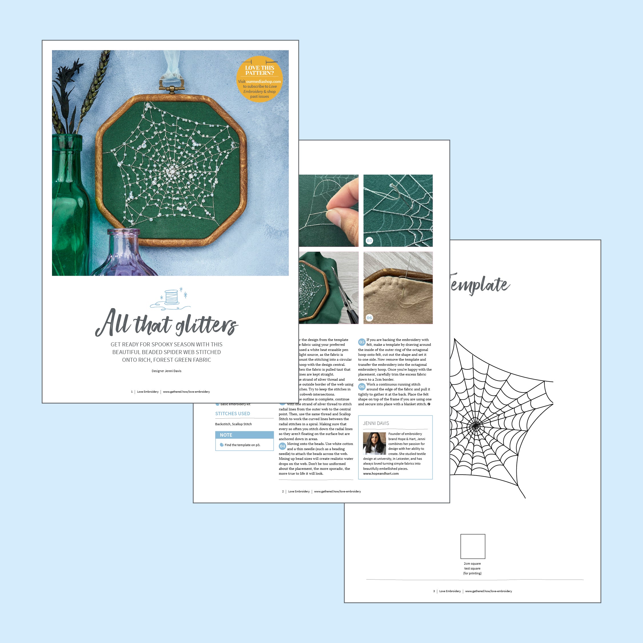 Product packaging with spiderweb embroidery templates on a light blue background