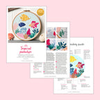 Embroidery kit with tropical-themed design on a pink background