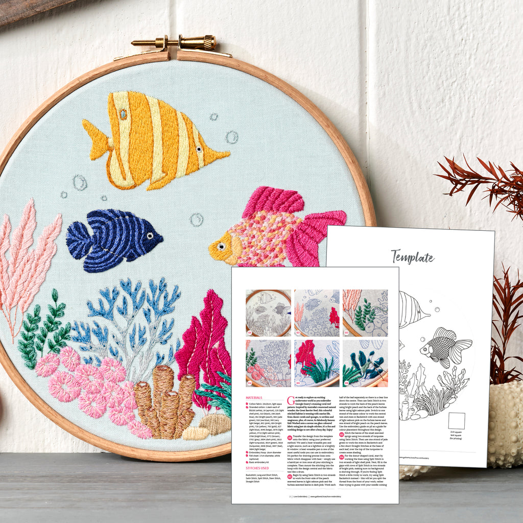 Embroidery hoop with colorful fish design and an accompanying template sheet on a wooden surface.