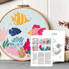 Embroidery hoop with colorful fish design and an accompanying template sheet on a wooden surface.