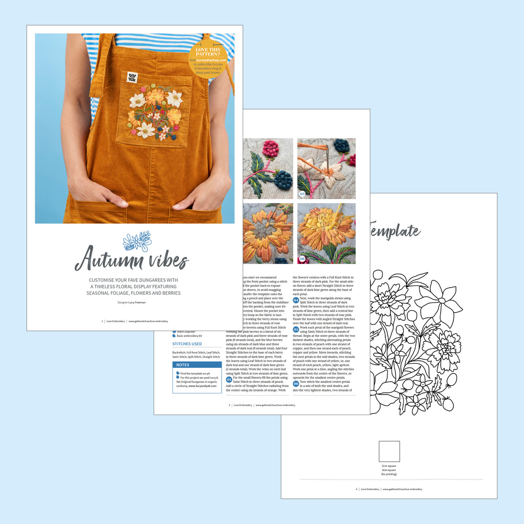 Embroidery kit with apron, templates, and instructions on a light blue background