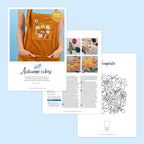 Embroidery kit with apron, templates, and instructions on a light blue background